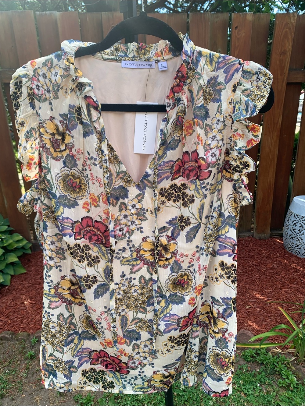 Notations Cream Floral V-Neck Ruffle Sleeve Blouse